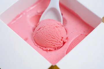 Pink Strawberry Ice Cream Scoop in Cardboard Container with Spoon