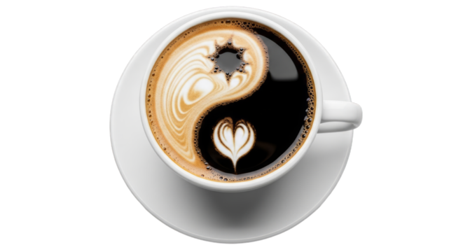 Aerial view of coffee cup with yin yang design on a saucer beverage on transparent background