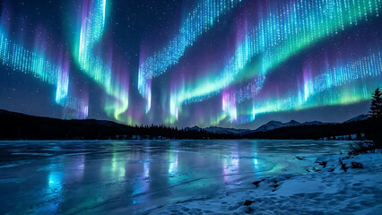 Aurora borealis over frozen lake with snow covered ground and dark trees in the background at night