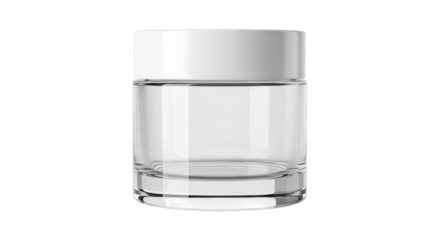 Isolated view of a clear glass jar with a simple lid on a plain stage on transparent background