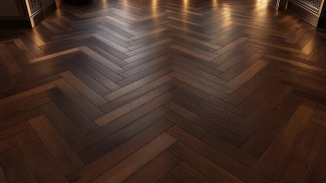 Luxurious Polished Dark Brown Hardwood Floor in Herringbone Pattern