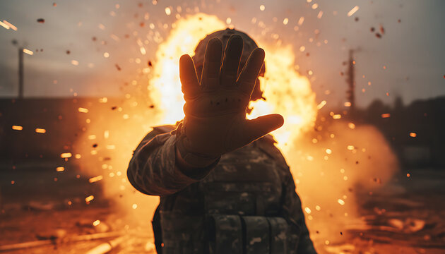 Brave soldier shielding from explosion showcases resilience and sacrifice theme