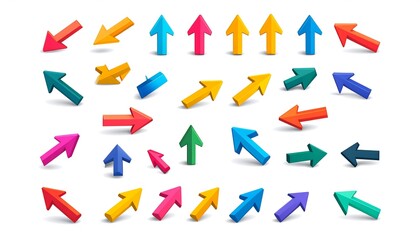 A collection of various colorful, three-dimensional arrows pointing in different directions, isolated on white