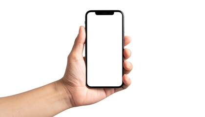A person's hand, against a stark white backdrop, grasps a modern, rectangular device with a bright, blank screen
