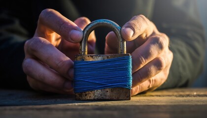 Old padlock wrapped in blue thread held by hands symbolizing restraint protection hidden emotions and personal boundaries