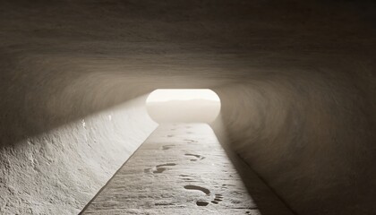 Footsteps in tunnel leading toward bright exit symbolizing journey hope transition and emerging from darkness