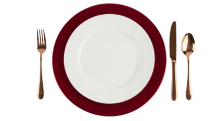 Elegant place setting with plate and gold cutlery on a plane surface on transparent background