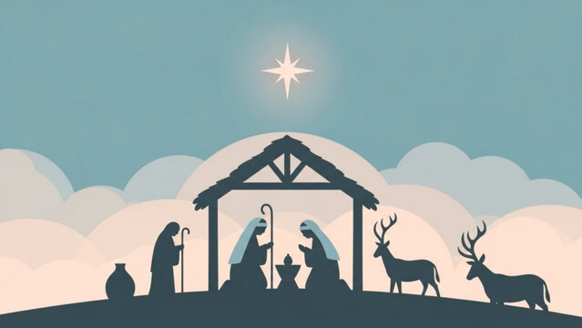 Beautiful Nativity scene with star, Mary and Joseph silhouetted in a stable with deer, a peaceful depiction of Christmas, evoking the holiday spirit