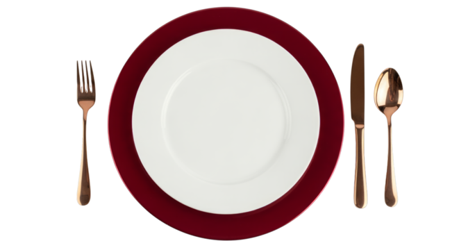 Elegant place setting with plate and gold cutlery on a plane surface on transparent background