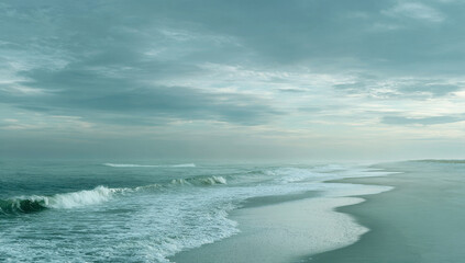 Serene Ocean Vista - Waves Crashing on Shore Under Cloudy Sky.