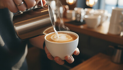 Barista pouring steamed milk into latte art, creating a delicious morning beverage