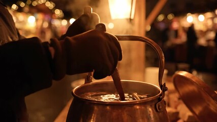 Steaming Hot Beverage Being Stirred in a Copper Pot at a Festive Market.