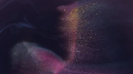 Ink fluid. Blur glow wave. Defocused blue purple golden color glitter sparkling water wet texture on abstract art dark black background. - Powered by Adobe