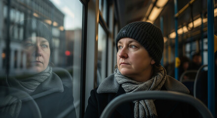 A candid moment of an adult on public transport, looking out the window under soft diffused light, creating an atmospheric and authentic urban lifestyle mood.