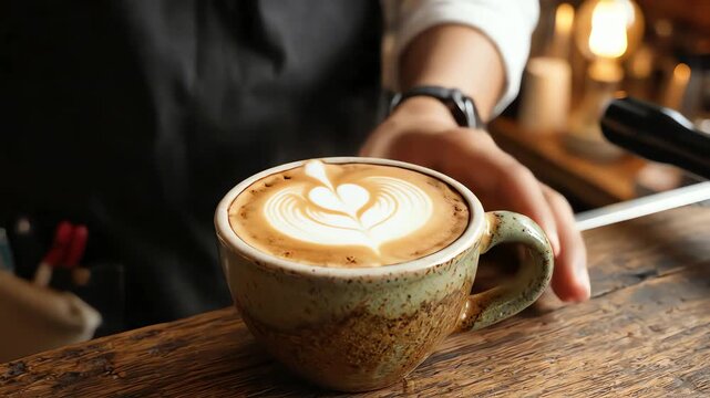 Barista Making Cafe Latte Art: The Skilled Hand Pouring Milk to Create a Pattern on the Coffee Surface.