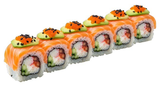 Salmon Sushi Rolls with Avocado and Roe on White Background isolated on a transparent background