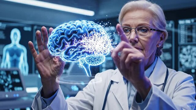 Neuroscientist Interacting with Futuristic Holographic Brain Interface