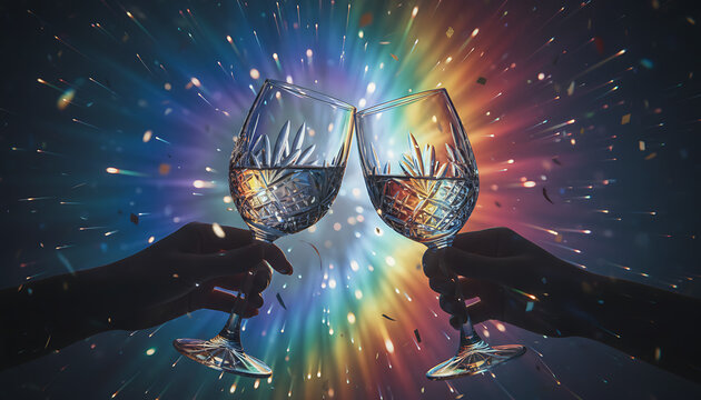 Raise a toast to success with crystal glasses, champagne and celebration cheers