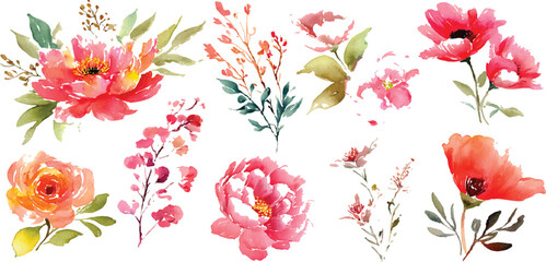 set of flowers fabric wallpaper with floral print. Pattern with simple flowers with green leaves on white background Colorful botanical illustrations featuring yellow flowers and green leaves
 