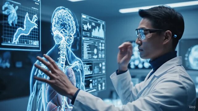 Medical Scientist Using Futuristic AR Glasses to Analyze Holographic Human Anatomy & Data