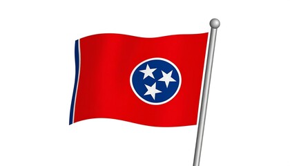 A vibrant state flag with a central emblem of three white stars within a blue circle, on a red field. The flag flies on a silver pole