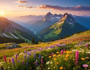 Fototapeta premium Scenic mountain valley bathed in sunset glow, wildflowers bloom