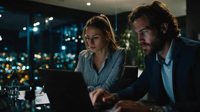 Financial Analyst Discussing Business Project with Investment Banker at Night Office