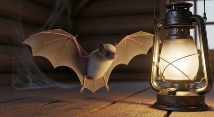 Mysterious nocturnal encounter with bat and vintage lantern glowing within cabin interior