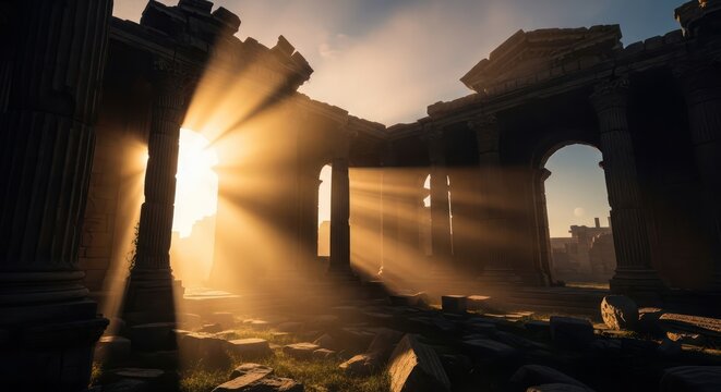 Sunlight filters through the ruins of a weathered architectural marvel ancient construction