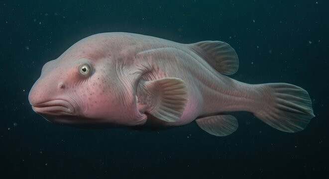 A solitary blob fish swims within the profound depths of the ocean in muted light