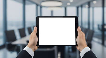 Person holding a tablet with a blank white screen in a modern office conference room setting view