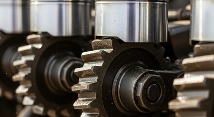 Close-up of intricate metallic gears meshing to create a synchronized mechanical movement