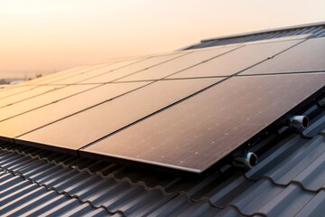Solar Panels on Residential Rooftop at Sunset - Renewable Energy