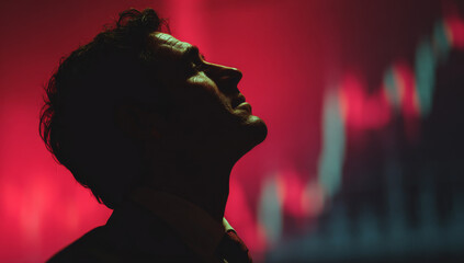 Silhouette of a man looking up against a red stock market chart.