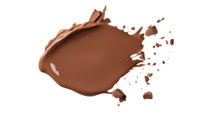 Spilled chocolate milk puddle shown with smooth creamy brown liquid spread capturing rich sweet texture and detailed glossy splash effect isolated on white background