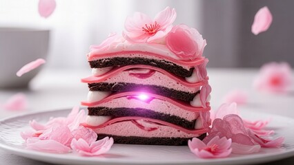 A delightful slice of sakura crepe cake adorned with delicate pink petals, creating a visually stunning dessert that captures the essence of spring and the beauty of japanese cherry blossoms