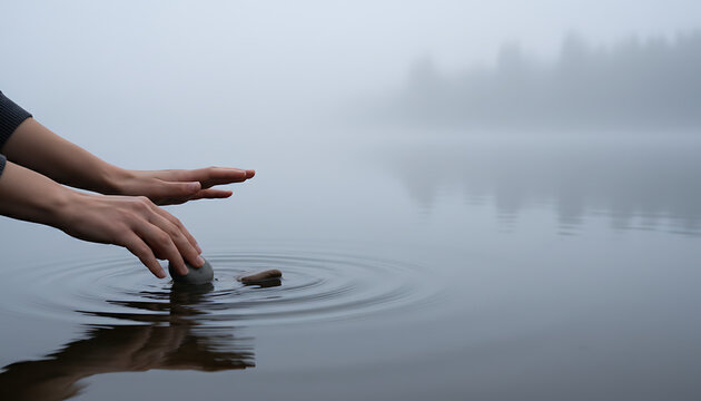 Hands gently dropping stones into serene misty lake creating calming ripples