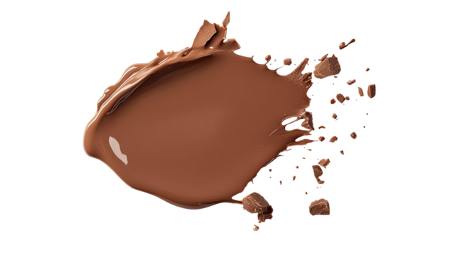Spilled chocolate milk puddle shown with smooth creamy brown liquid spread capturing rich sweet texture and detailed glossy splash effect isolated on white background