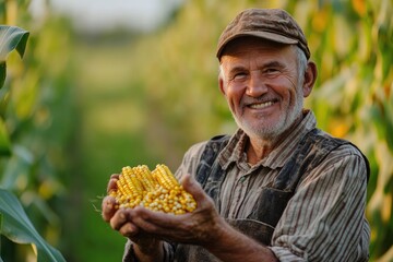 A smiling elderly man wearing a cap and vest is holding a large ear of corn in a lush green field.