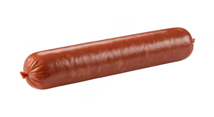 A single long brown sausage with a tied end on a black background isolated on a transparent background