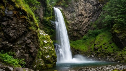 Fototapeta premium A stunning waterfall cascading down rocky cliffs surrounded by lush green forest. Perfect scenic landscape capturing the beauty of untouched nature and flowing water in a peaceful wilderness. Ideal fo