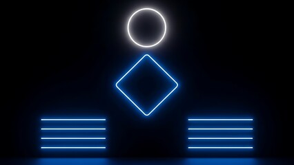 Luminous abstract composition with glowing neon geometric shapes including a circle, diamond, and parallel lines against a dark background, creating a futuristic digital art display