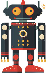 Flat design robot illustration with active antennas, retro technology style. isolated on transparent background