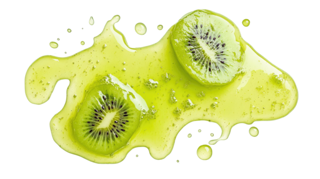 Fresh puddle of kiwi juice featuring vibrant green liquid splash with glossy fruity texture and natural tropical refreshment detail isolated on white background
