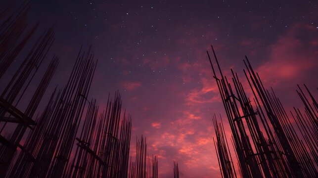 Steel reinforcement bars rise against a dramatic twilight sky with stars and clouds - Powered by Adobe