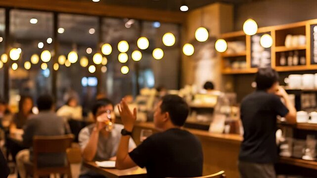 Experience the warm and inviting ambiance within a bustling caf&eacute;, coffee shop, or restaurant during the evening hours. The scene is intentionally out of focus, creating a mesmerizing bokeh effect with