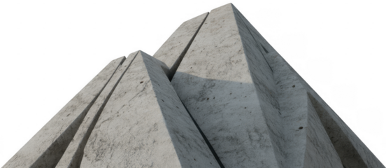 Abstract concrete geometric shapes with rough texture and sharp edges isolated on a transparent background