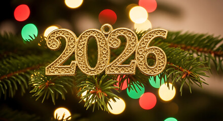 Glittering 2026 Golden Bauble on Pine Branch with Bokeh