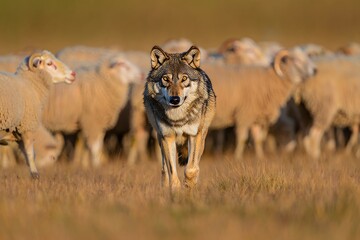 Intense Wolf Stares Down Flock of Sheep in Golden Field