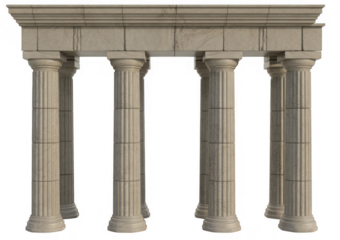 Ancient stone temple facade with fluted columns and entablature isolated on a transparent background